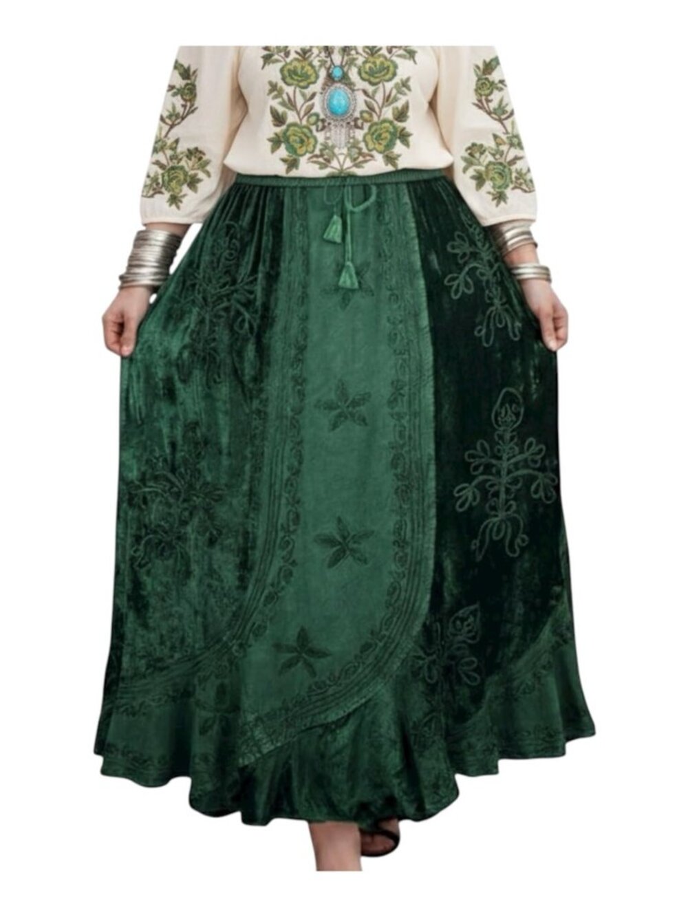 Agan Summer Long Skirts for Women, Boho Embroidered Rayon Velvet Maxi Skirt